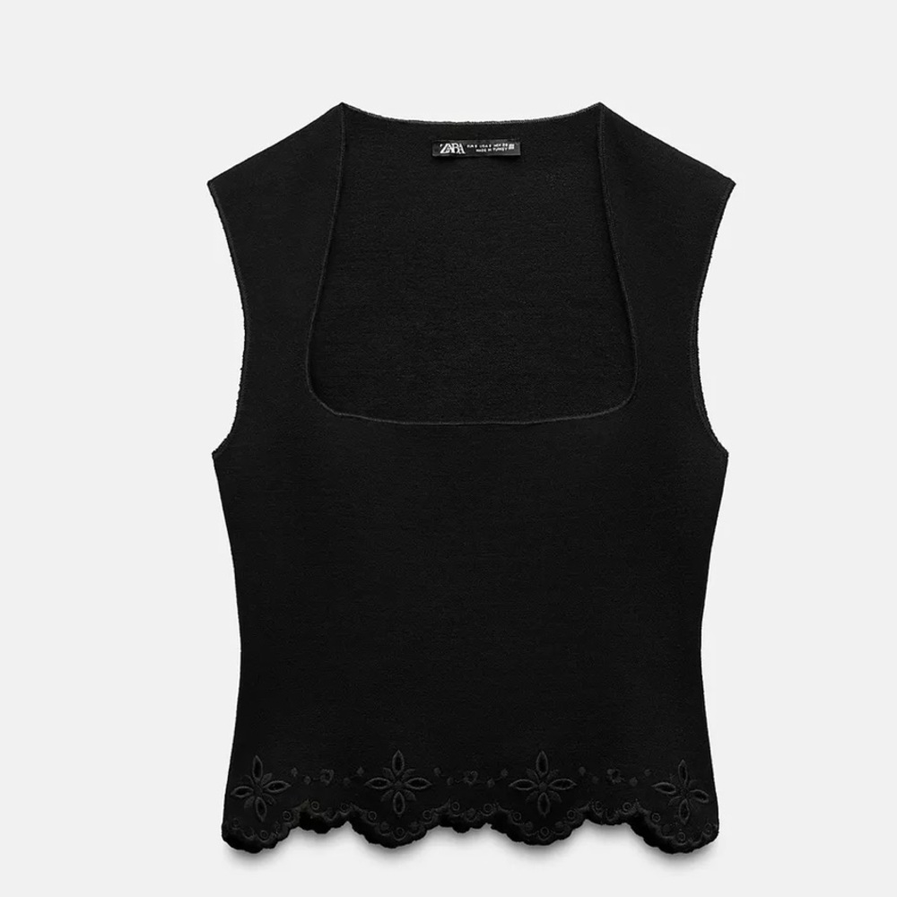 Zara Black Sleeveless Knit Top with Scalloped Eyelet Hem